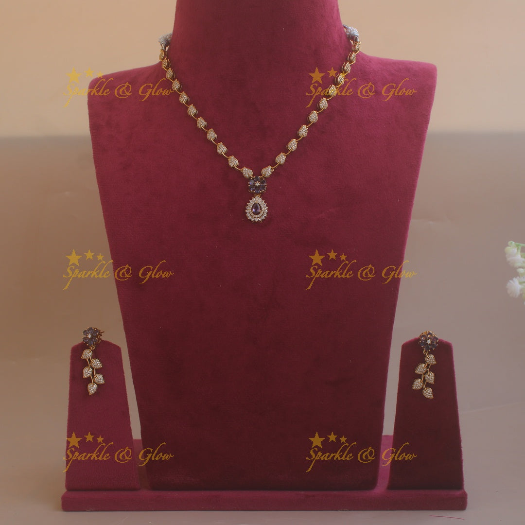 Flower pendant leaf design AD short necklace with purple stones