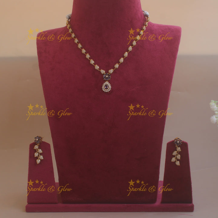 Flower pendant leaf design AD short necklace with purple stones