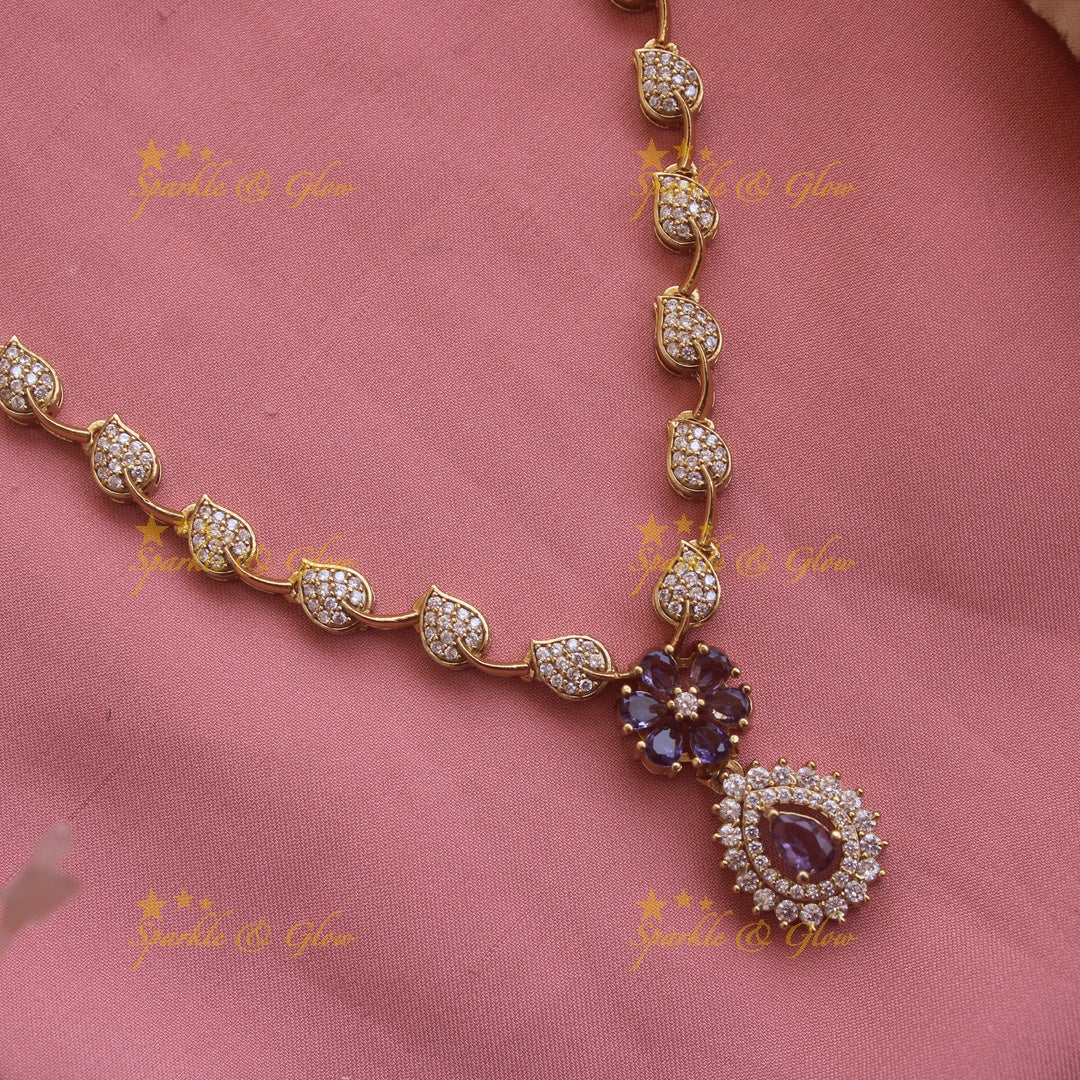 Flower pendant leaf design AD short necklace with purple stones