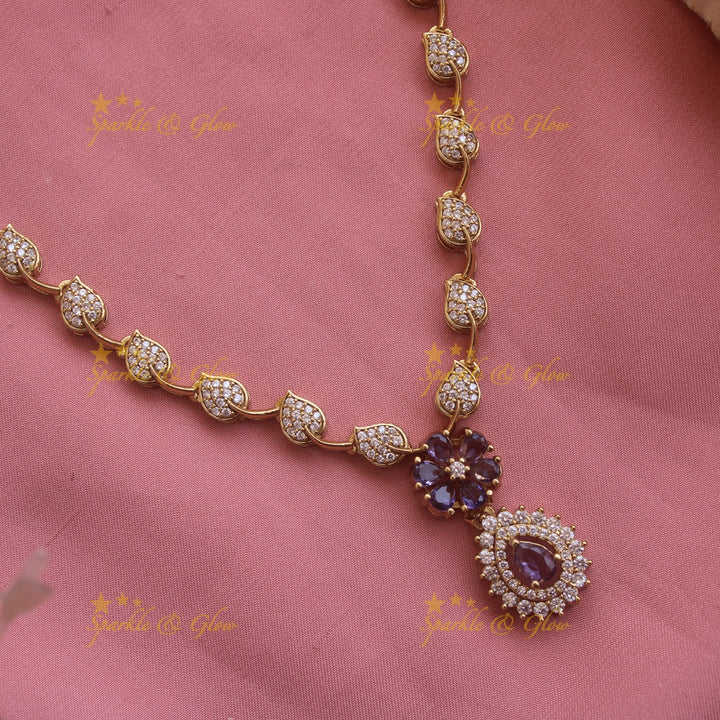 Flower pendant leaf design AD short necklace with purple stones