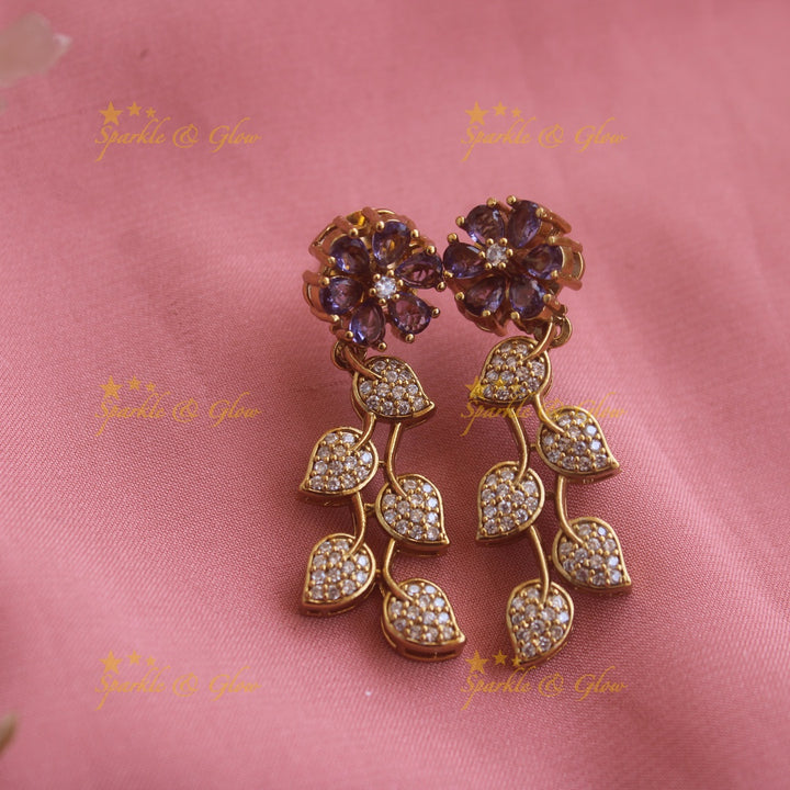 Flower pendant leaf design AD short necklace with purple stones