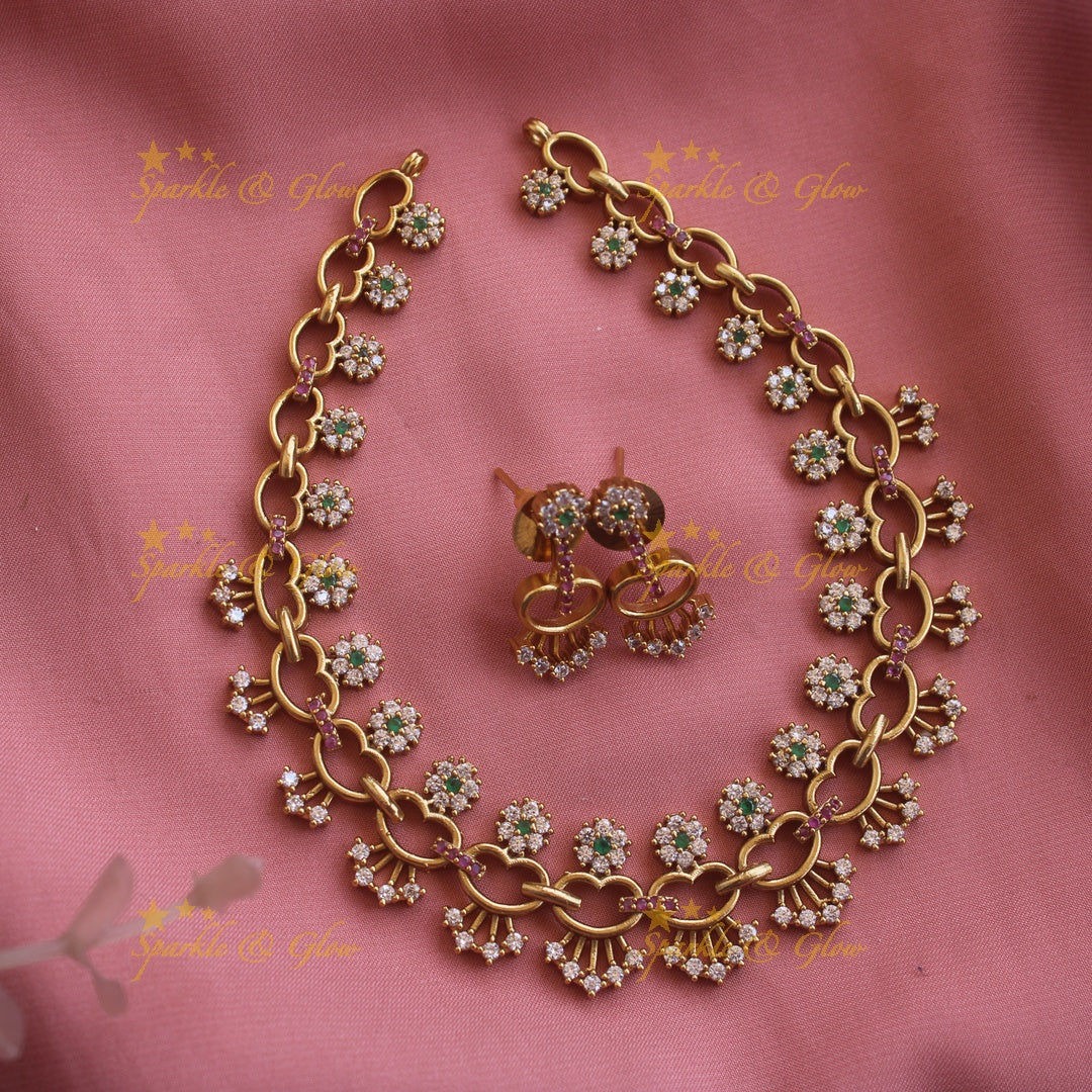 Exclusive Floral and heart design AD short necklace with ruby and emeralds