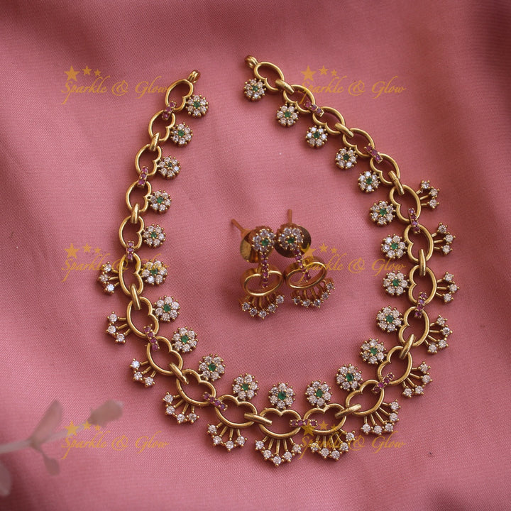 Exclusive Floral and heart design AD short necklace with ruby and emeralds