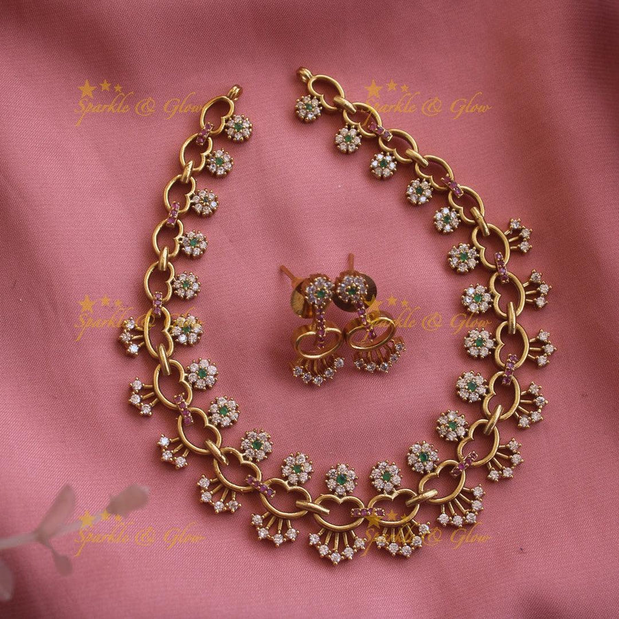 Exclusive Floral and heart design AD short necklace with ruby and emeralds - Sparkle and Glow