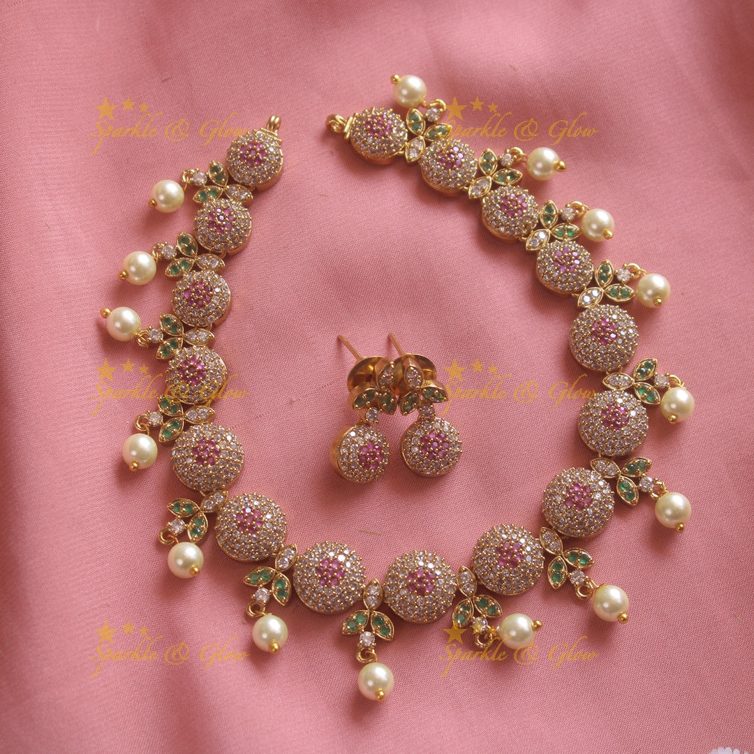 Sphere and floral leaflet design AD short necklace with ruby emerald and pearl drops