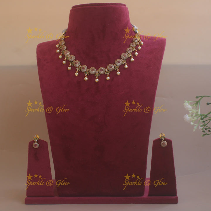 Sphere and floral leaflet design AD short necklace with ruby emerald and pearl drops