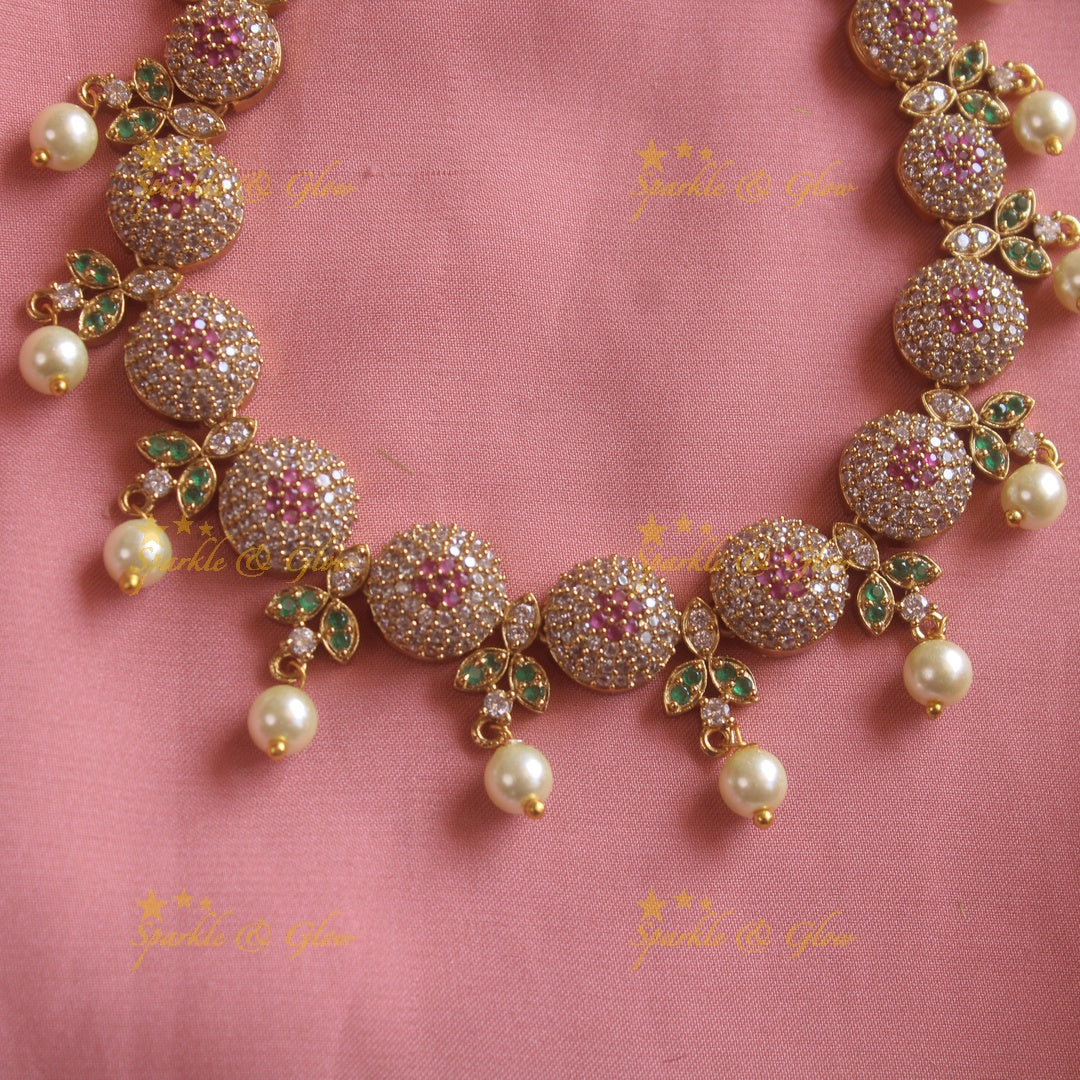Sphere and floral leaflet design AD short necklace with ruby emerald and pearl drops