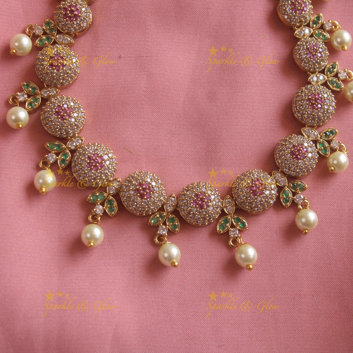 Sphere and floral leaflet design AD short necklace with ruby emerald and pearl drops