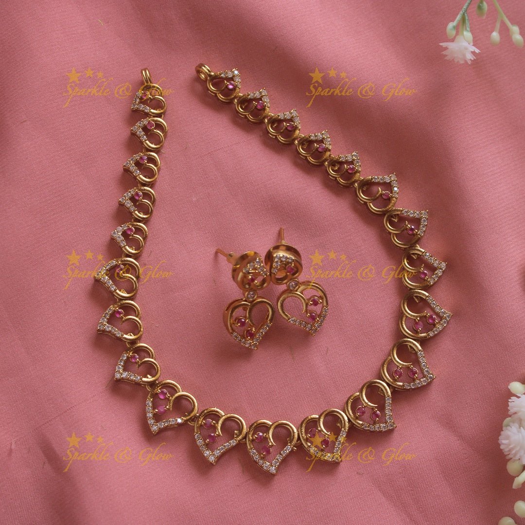 Stunning Heart design AD short necklace with ruby stones - red - Sparkle and Glow - Red - Back Thread