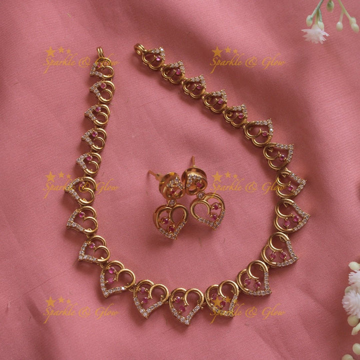 Stunning Heart design AD short necklace with ruby stones - red - Sparkle and Glow - Red - Back Thread