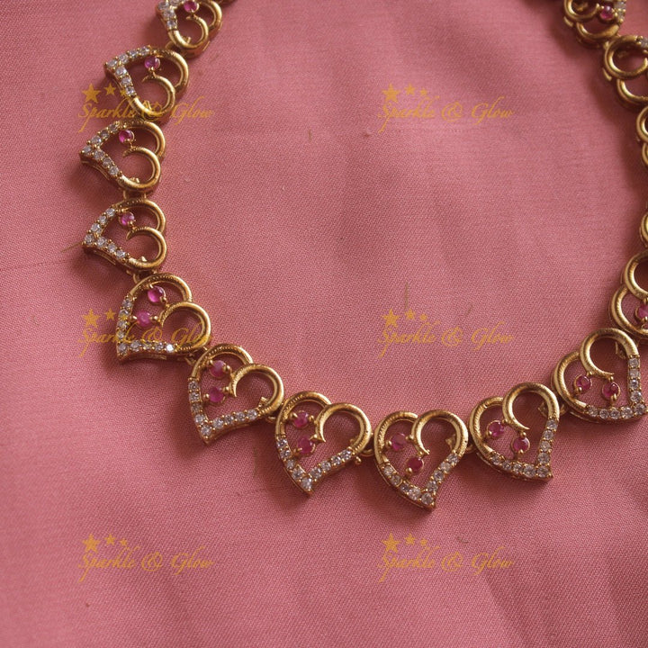 Stunning Heart design AD short necklace with ruby stones - red - Sparkle and Glow - Red - Back Thread