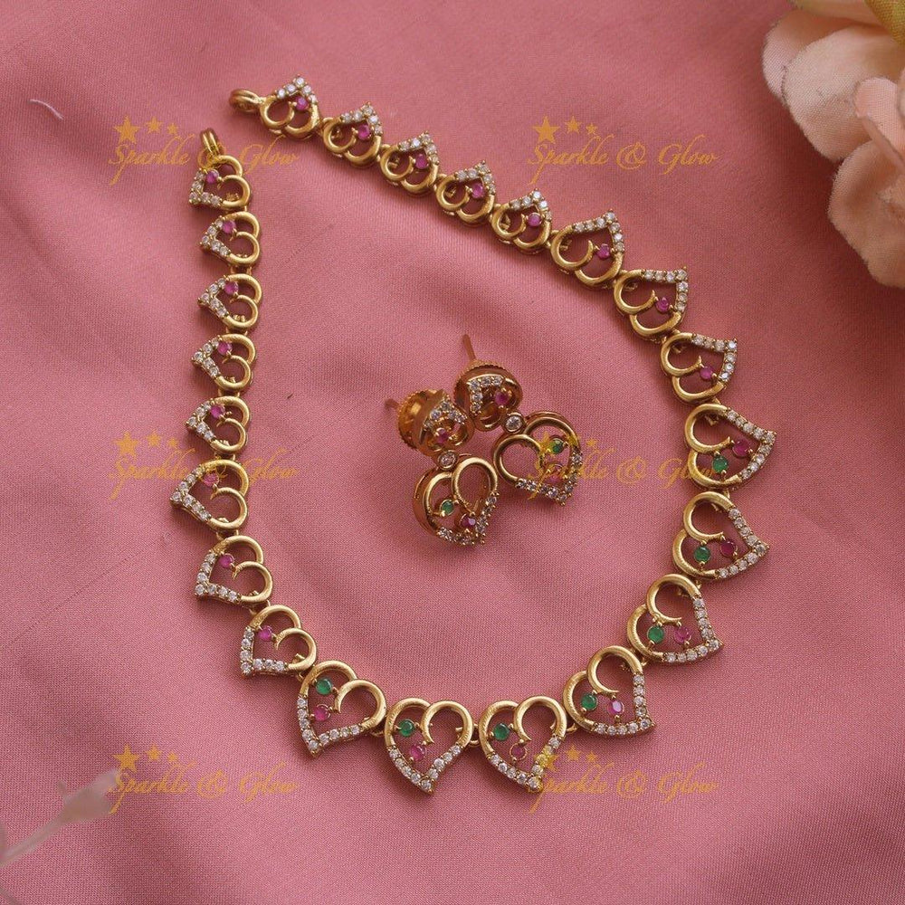 Stunning Heart design AD short necklace with ruby stones - red - Sparkle and Glow