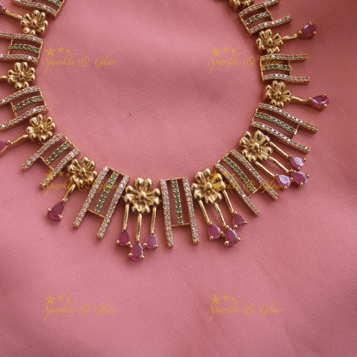 Statement Floral and spike design AD short necklace with ruby stone drops