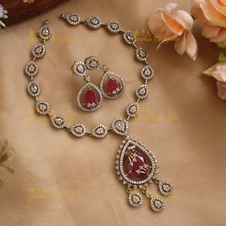 Exclusive Water drop design AD short necklace with red stones - Sparkle and Glow