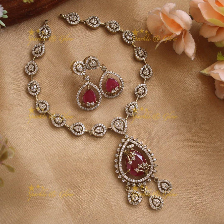 Exclusive Water drop design AD short necklace with red stones - Sparkle and Glow