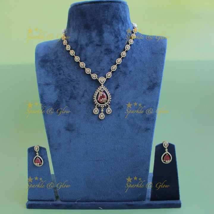 Exclusive Water drop design AD short necklace with red stones - Sparkle and Glow