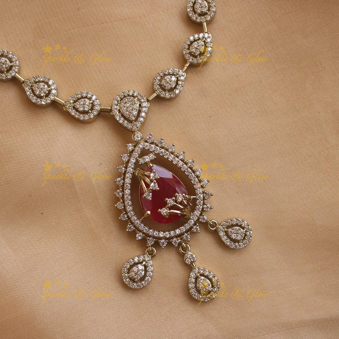 Exclusive Water drop design AD short necklace with red stones - Sparkle and Glow