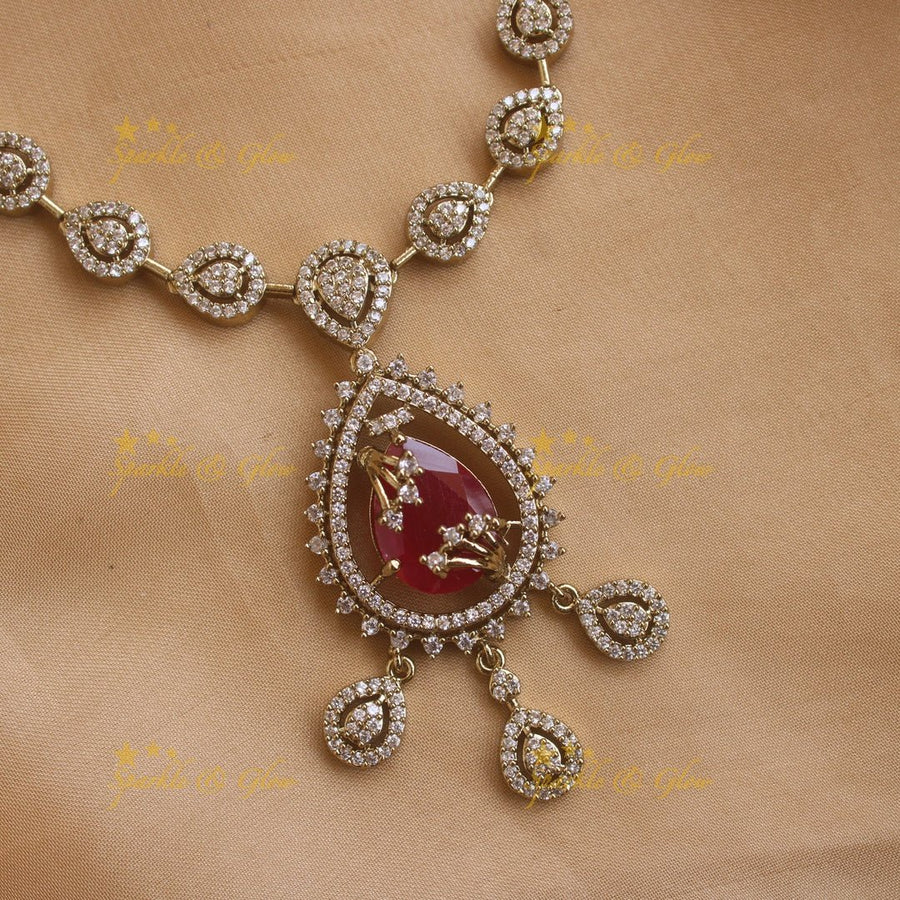 Exclusive Water drop design AD short necklace with red stones - Sparkle and Glow - Red - Back Thread