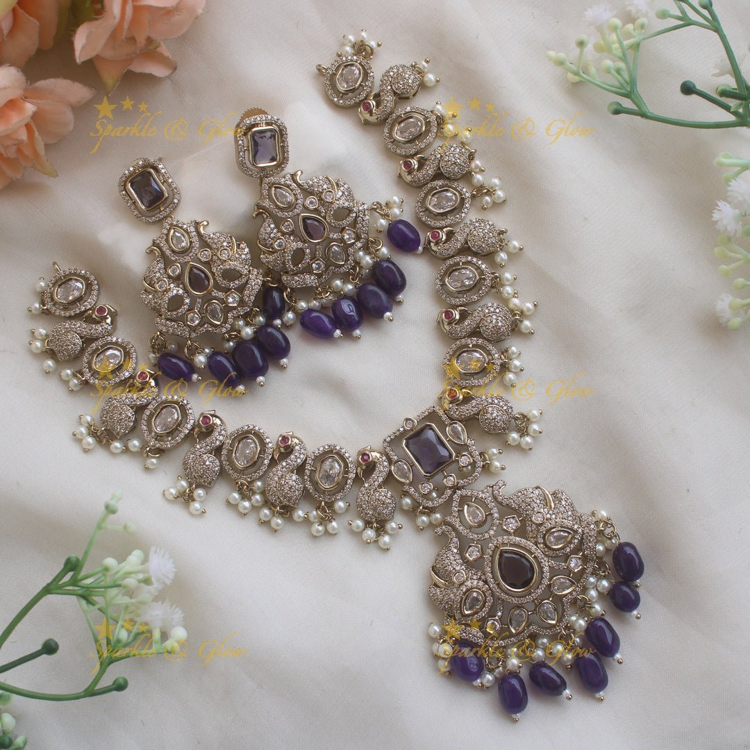 Stunning Peacock design victorian AD short necklace with purple beads and stone - Sparkle and Glow - Green - Back Thread
