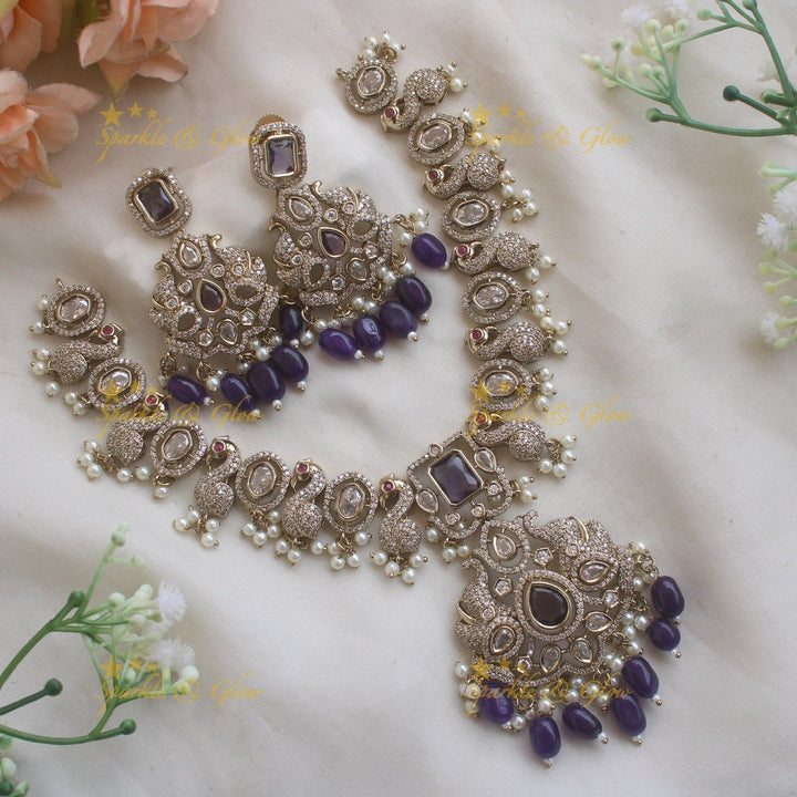 Stunning Peacock design victorian AD short necklace with purple beads and stone - Sparkle and Glow - Green - Back Thread