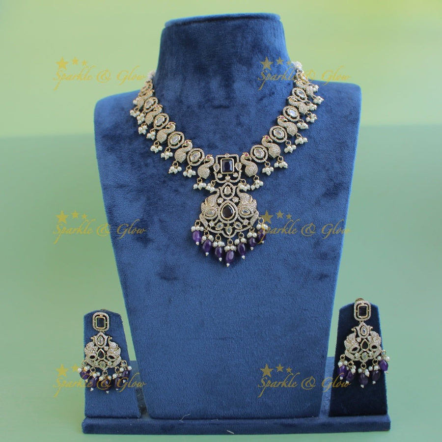 Stunning Peacock design victorian AD short necklace with purple beads and stone - Sparkle and Glow - Purple - Back Thread