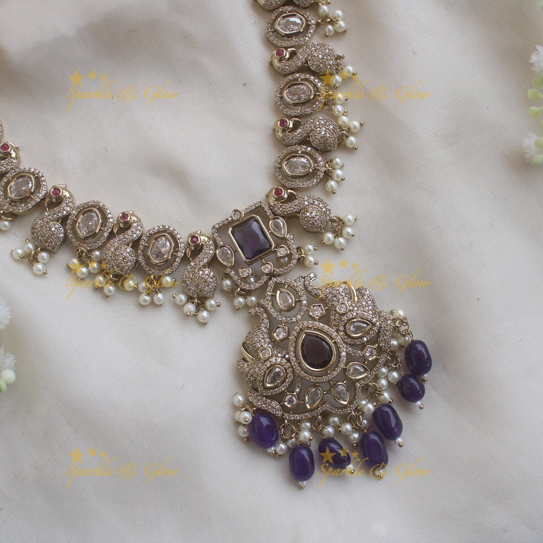 Stunning Peacock design victorian AD short necklace with purple beads and stone - Sparkle and Glow - Green - Back Thread