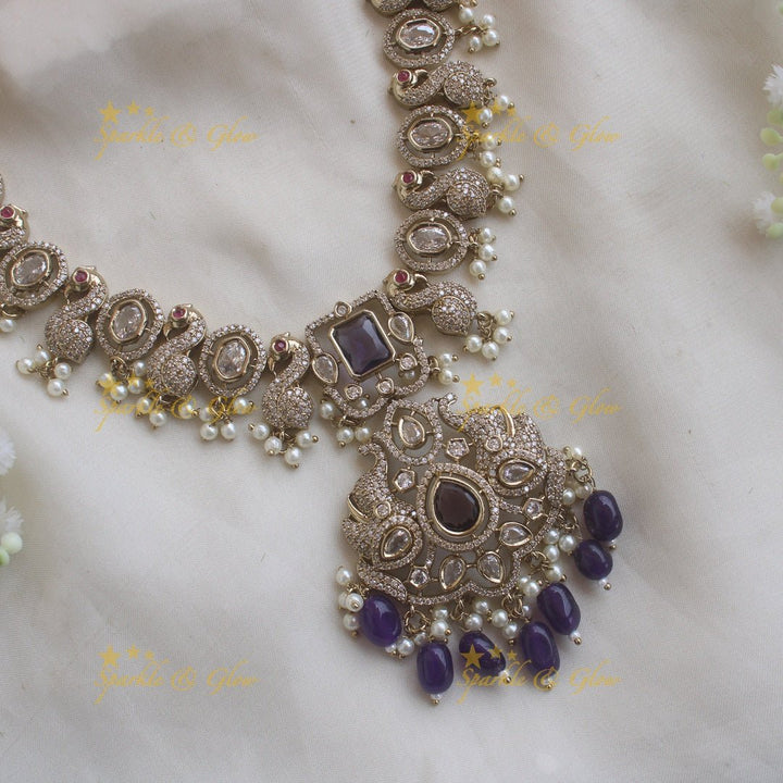 Stunning Peacock design victorian AD short necklace with purple beads and stone - Sparkle and Glow - Green - Back Thread