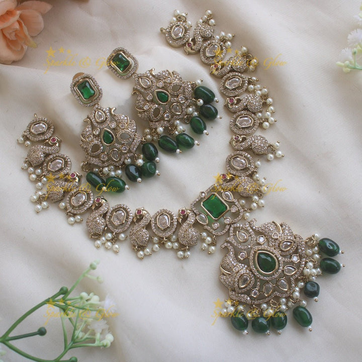 Stunning Peacock design victorian AD short necklace with purple beads and stone - Sparkle and Glow - Purple - Back Thread