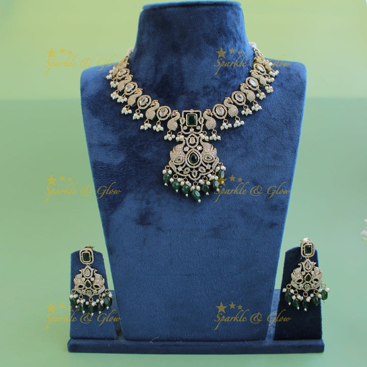 Stunning Peacock design victorian AD short necklace with purple beads and stone - Sparkle and Glow - Green - Back Thread