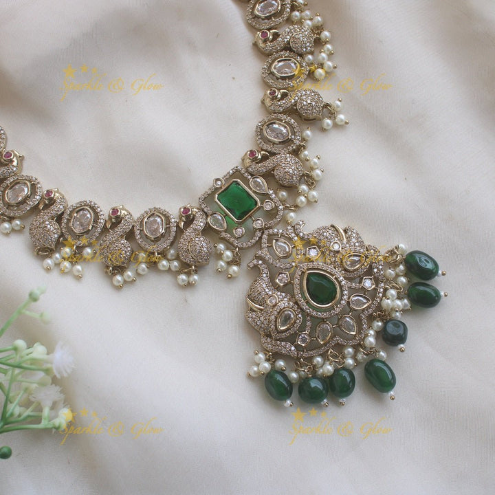 Stunning Peacock design victorian AD short necklace with purple beads and stone - Sparkle and Glow - Green - Back Thread