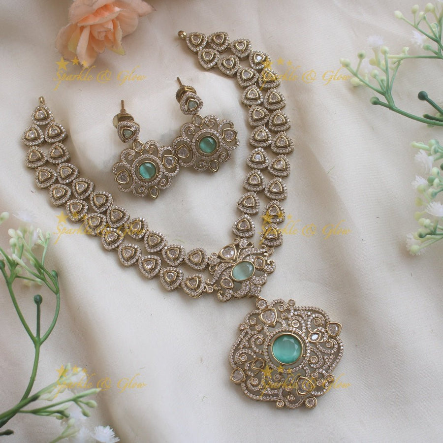 Gorgeous Floral pendant two layer victorian AD short necklace with mint green stones - Sparkle and Glow - Mintgreen - Back Thread