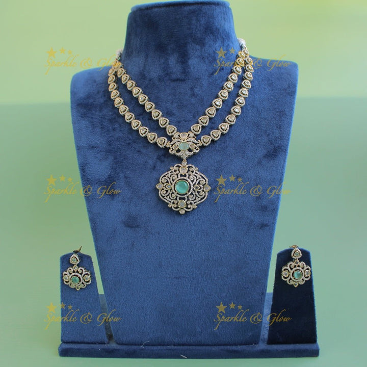 Gorgeous Floral pendant two layer victorian AD short necklace with mint green stones - Sparkle and Glow - Redgreen - Back Thread