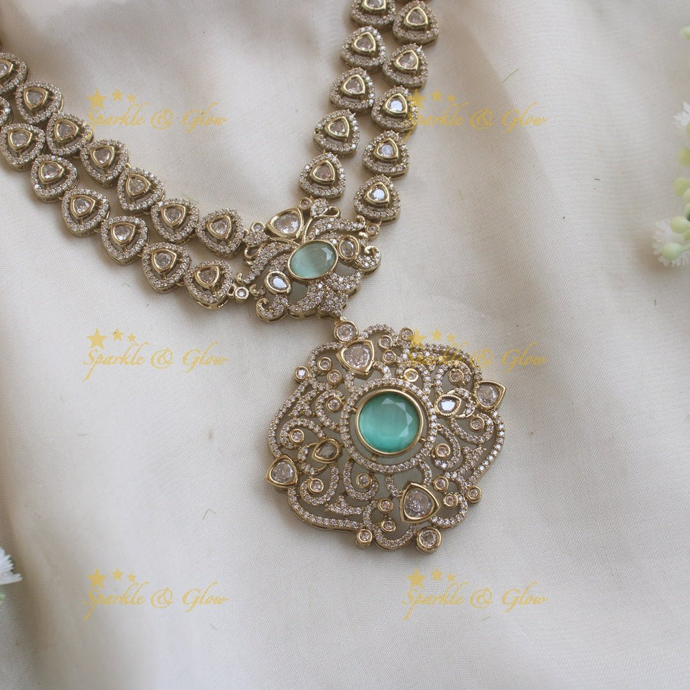 Gorgeous Floral pendant two layer victorian AD short necklace with mint green stones - Sparkle and Glow - Mintgreen - Back Thread