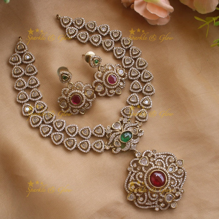 Gorgeous Floral pendant two layer victorian AD short necklace with mint green stones - Sparkle and Glow - Redgreen - Back Thread