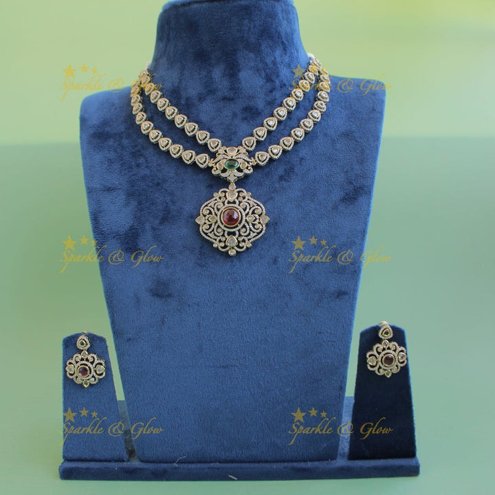 Gorgeous Floral pendant two layer victorian AD short necklace with mint green stones - Sparkle and Glow - Redgreen - Back Thread