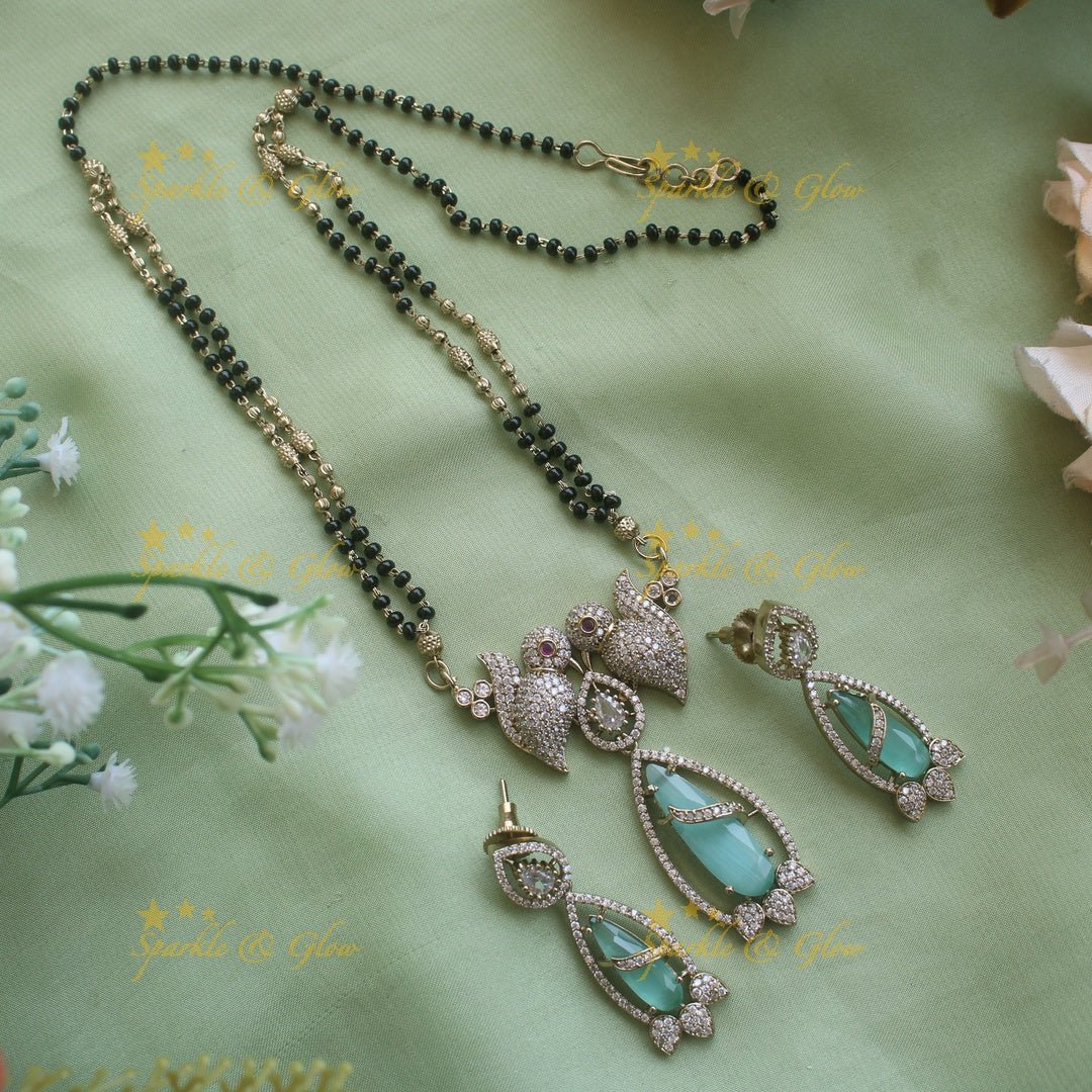 Elegant Parrot design oval stone pendant black beads necklace, mangalsutra - mint green - Sparkle and Glow - White - Back Thread