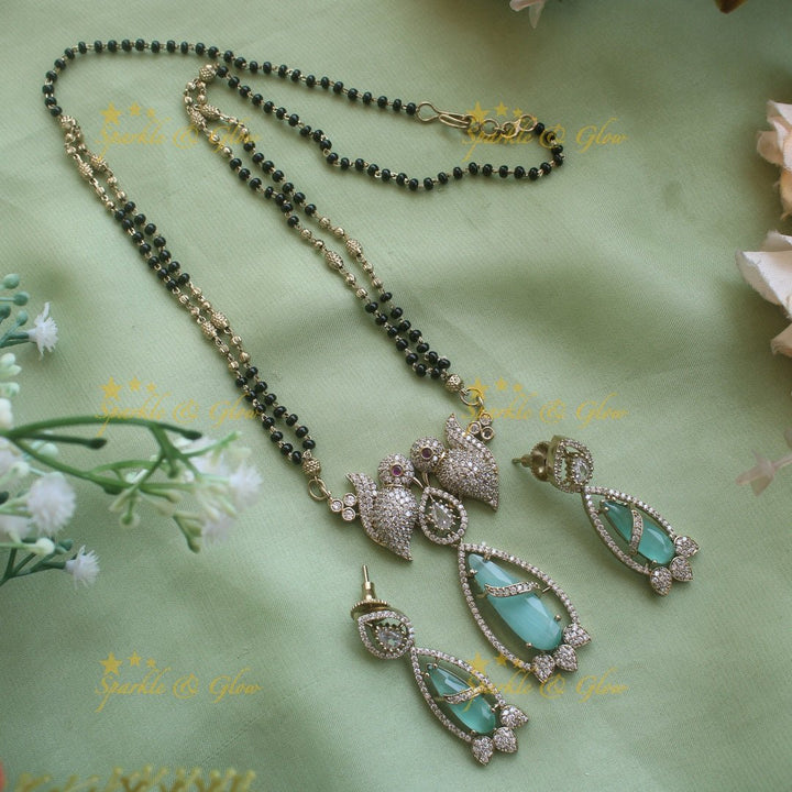 Elegant Parrot design oval stone pendant black beads necklace, mangalsutra - mint green - Sparkle and Glow - White - Back Thread