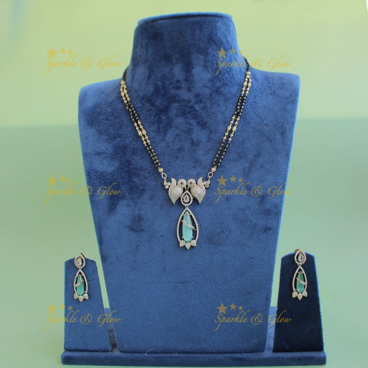 Elegant Parrot design oval stone pendant black beads necklace, mangalsutra - mint green - Sparkle and Glow - Mintgreen - Back Thread
