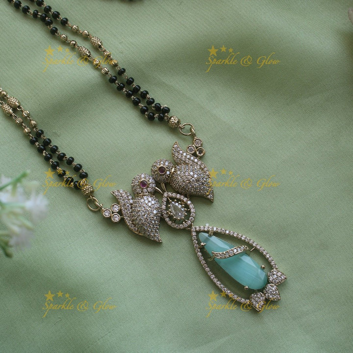 Elegant Parrot design oval stone pendant black beads necklace, mangalsutra - mint green - Sparkle and Glow - Green - Back Thread