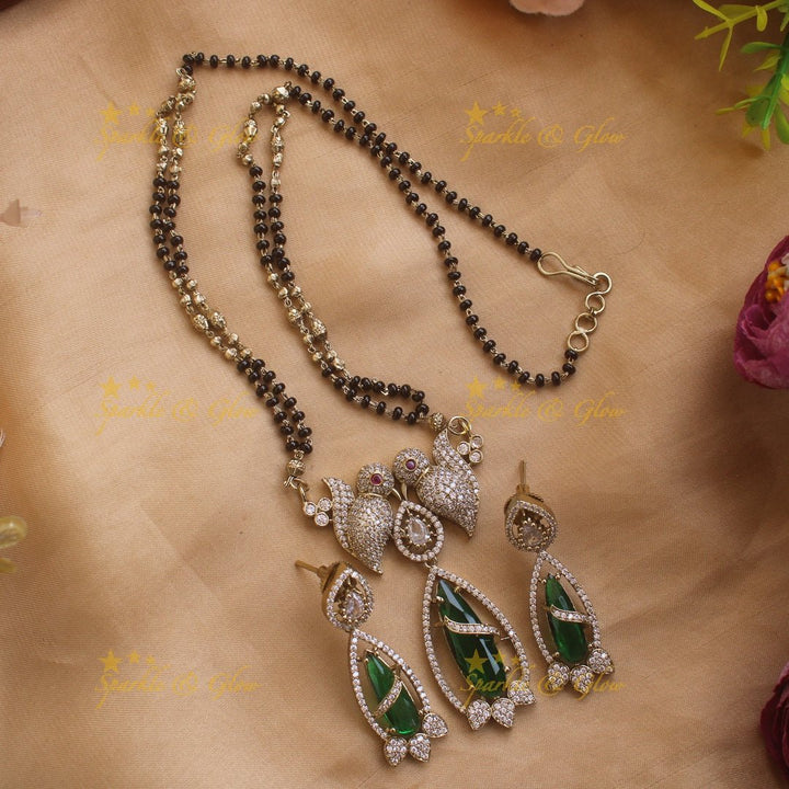 Elegant Parrot design oval stone pendant black beads necklace, mangalsutra - mint green - Sparkle and Glow - White - Back Thread