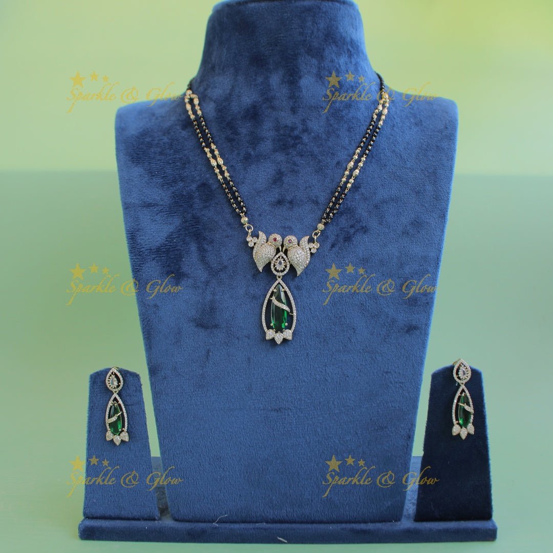 Elegant Parrot design oval stone pendant black beads necklace, mangalsutra - mint green - Sparkle and Glow - Mintgreen - Back Thread