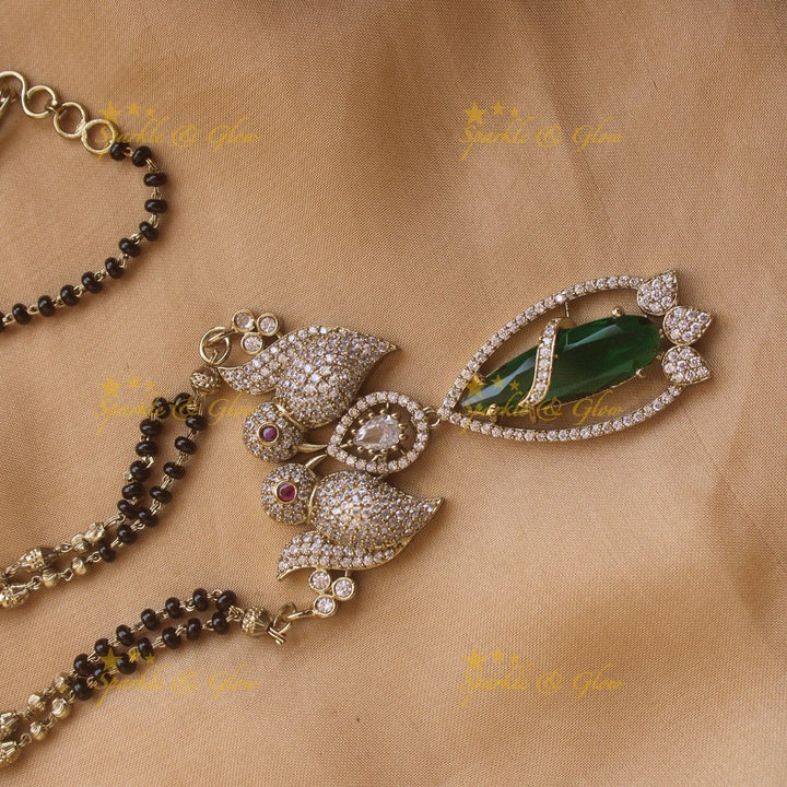 Elegant Parrot design oval stone pendant black beads necklace, mangalsutra - mint green - Sparkle and Glow - Mintgreen - Back Thread