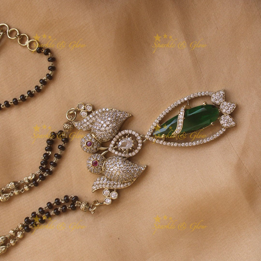 Elegant Parrot design oval stone pendant black beads necklace, mangalsutra - mint green - Sparkle and Glow - Mintgreen - Back Thread