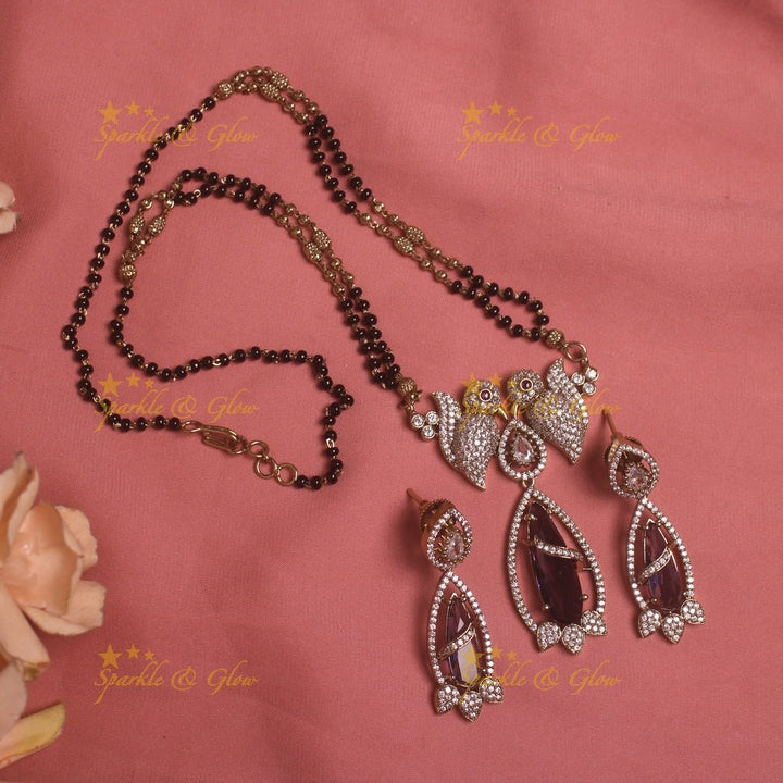 Elegant Parrot design oval stone pendant black beads necklace, mangalsutra - mint green - Sparkle and Glow - Purple - Back Thread