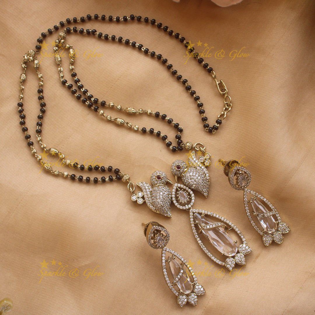 Elegant Parrot design oval stone pendant black beads necklace, mangalsutra - mint green - Sparkle and Glow - White - Back Thread