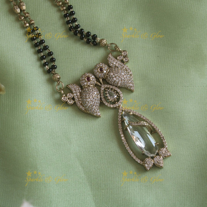 Elegant Parrot design oval stone pendant black beads necklace, mangalsutra - mint green - Sparkle and Glow - Mintgreen - Back Thread