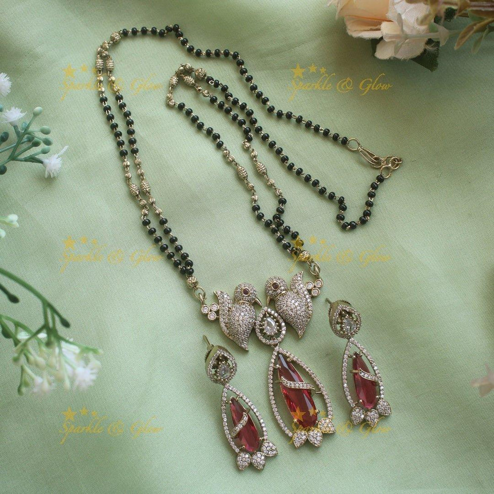 Elegant Parrot design oval stone pendant black beads necklace, mangalsutra - mint green - Sparkle and Glow