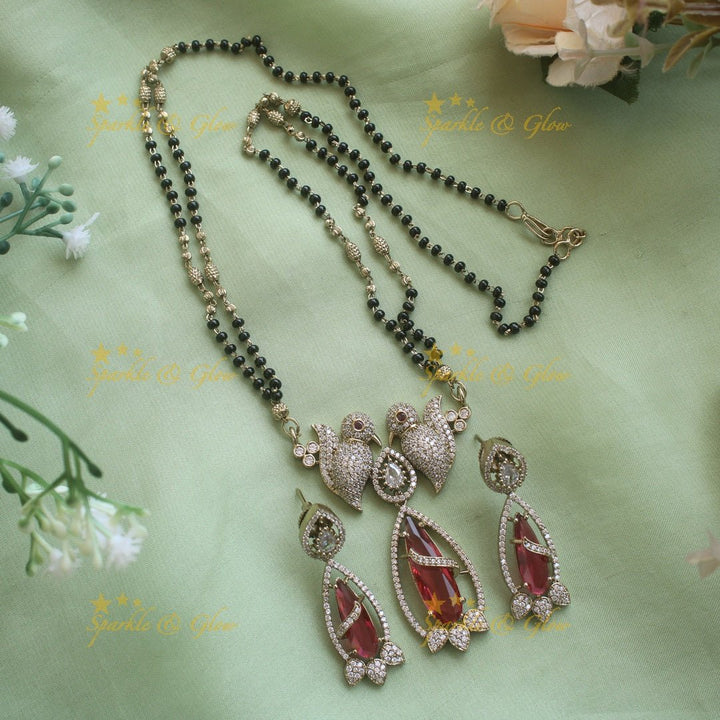 Elegant Parrot design oval stone pendant black beads necklace, mangalsutra - mint green - Sparkle and Glow - Mintgreen - Back Thread