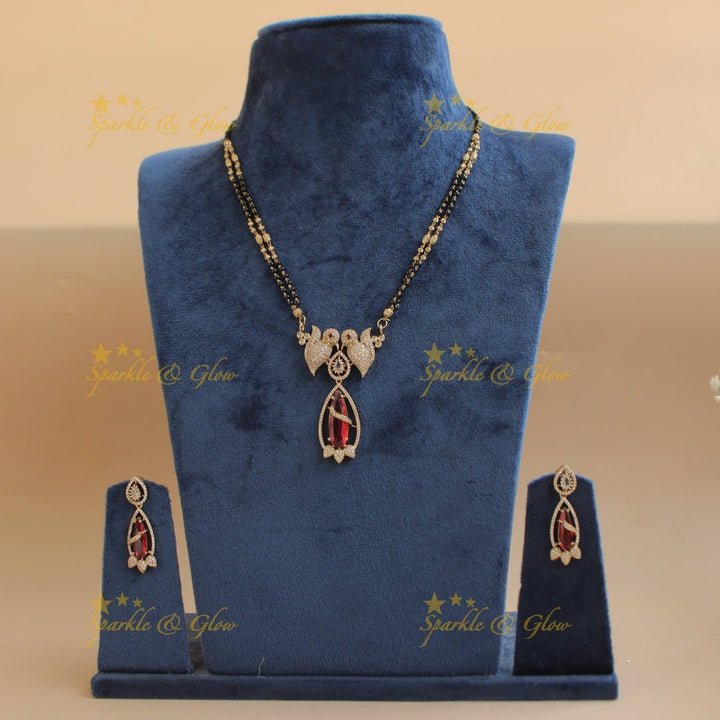 Elegant Parrot design oval stone pendant black beads necklace, mangalsutra - mint green - Sparkle and Glow - Red - Back Thread