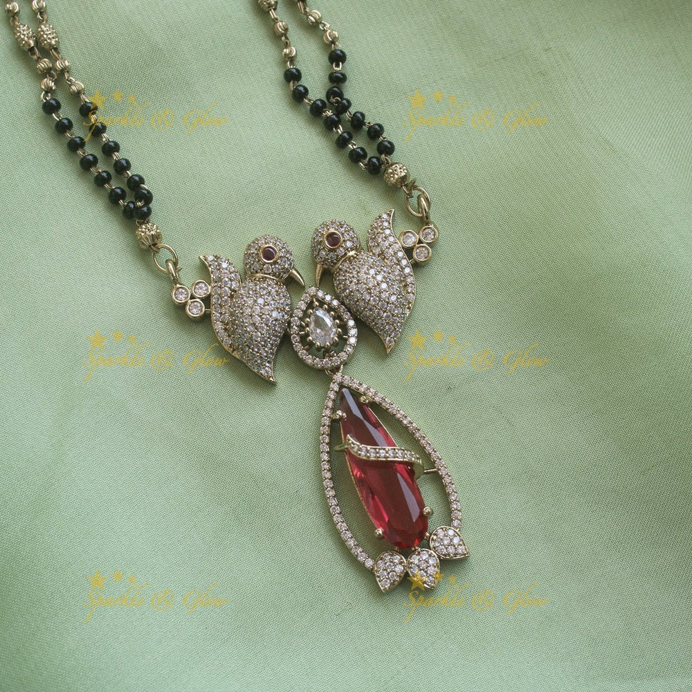 Elegant Parrot design oval stone pendant black beads necklace, mangalsutra - mint green - Sparkle and Glow - Mintgreen - Back Thread